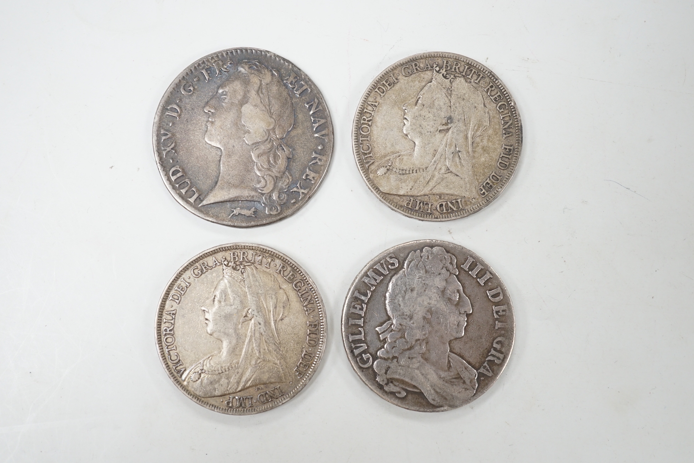 A William III crown 1696, 1763 ECU and two Victoria crowns